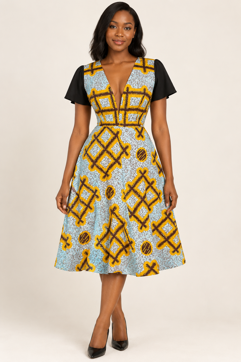 African A Line Dress with Black Sleeves
