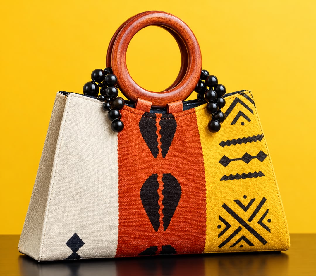 A handbag with a tri-color woven textile body in cream, rust orange, and yellow, decorated with black geometric patterns and black bead handles with a wooden ring.