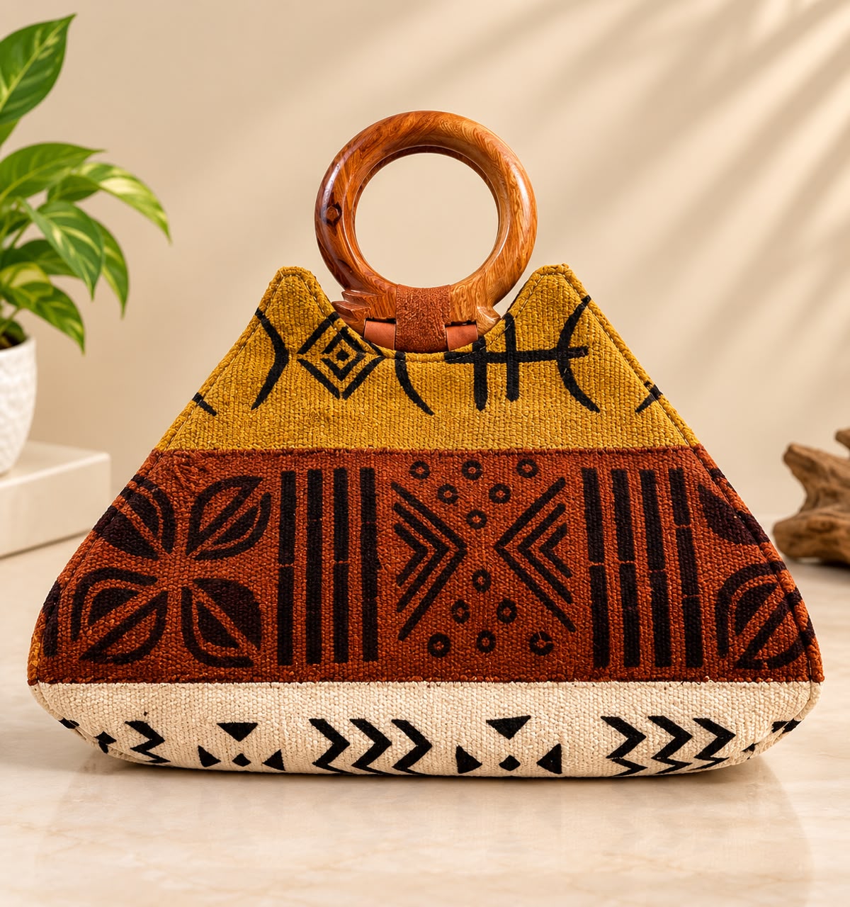A handbag with a tri-color woven textile body in cream, rust orange, and yellow, decorated with black geometric patterns and black bead handles with a wooden ring.